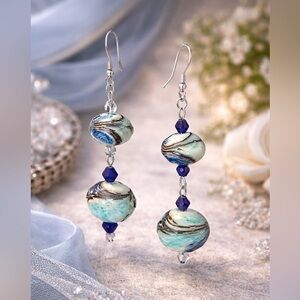 Handmade Turquoise Blue Swirl Bead Drop Earrings